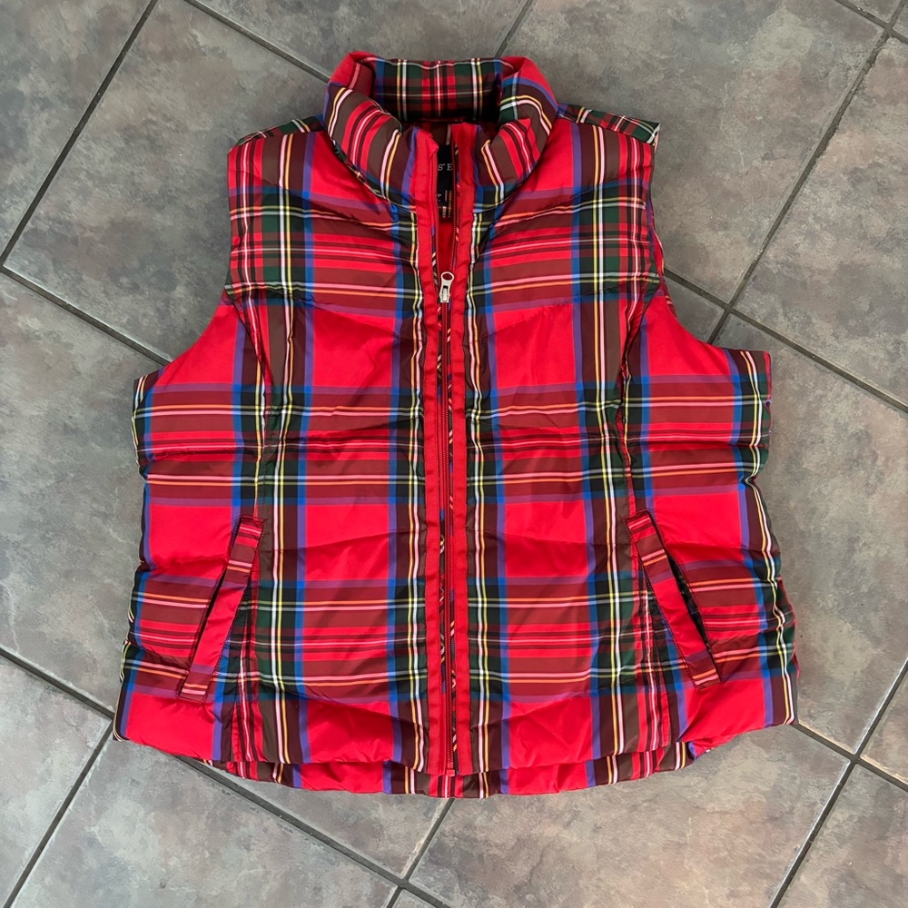 Lands End Girls  Down‎ Tartan Plaid Red Down Puff Vest XL Plus 18 Preppy Holiday